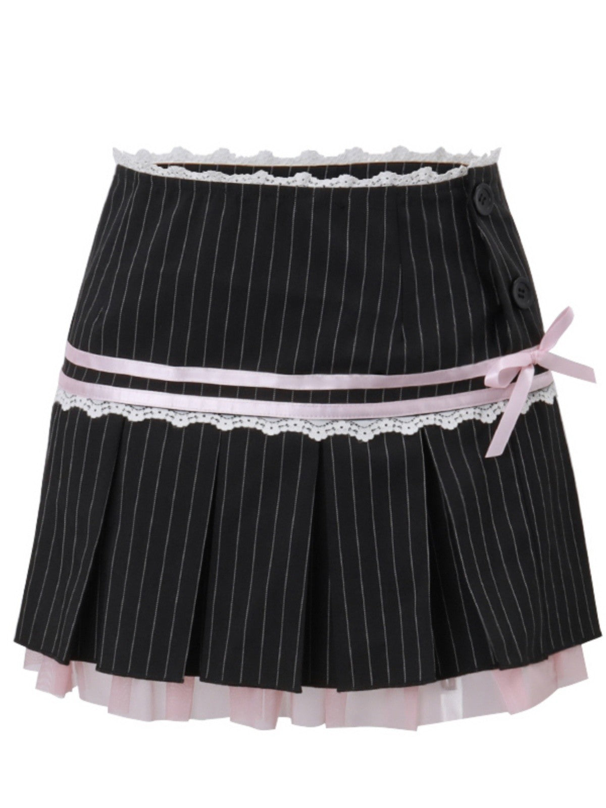 Black Striped Lace Accent Pleated Skirt