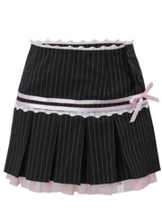Black Striped Lace Accent Pleated Skirt