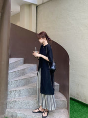 Black Striped Loose Split Cover Up Wide Leg Pants Set