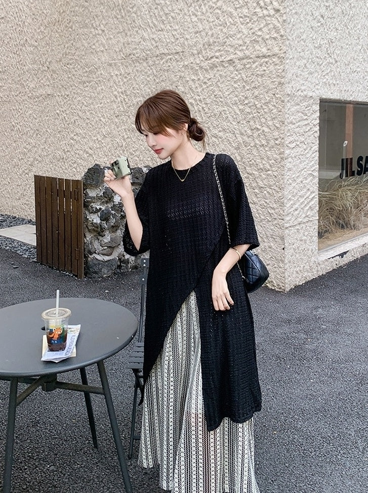 Black Striped Loose Split Cover Up Wide Leg Pants Set