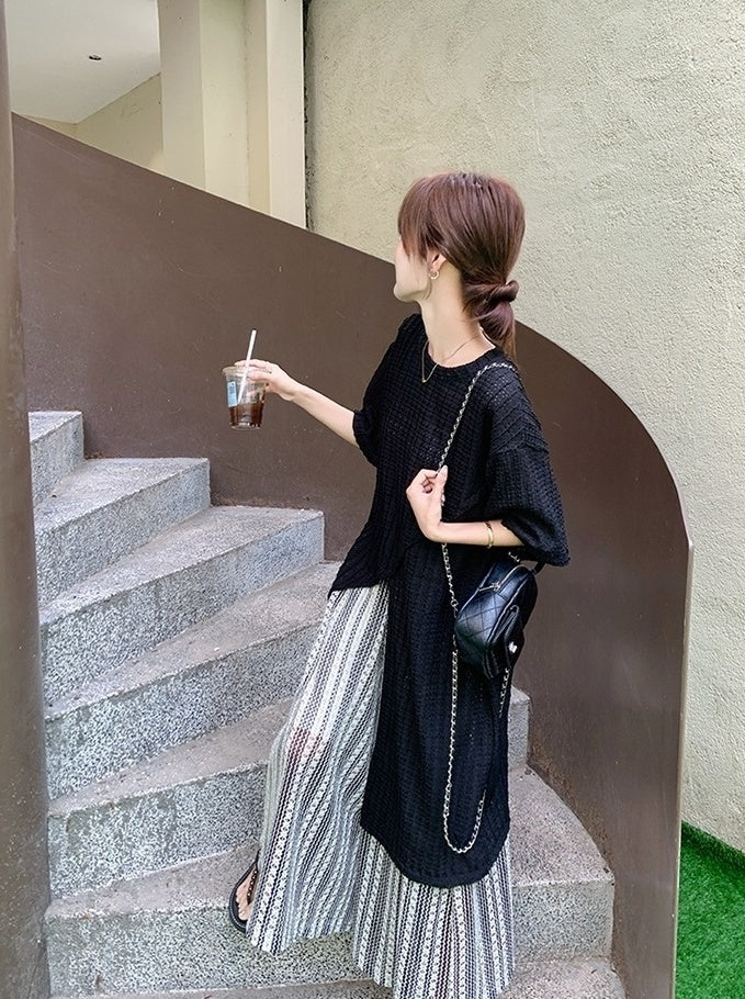Black Striped Loose Split Cover Up Wide Leg Pants Set