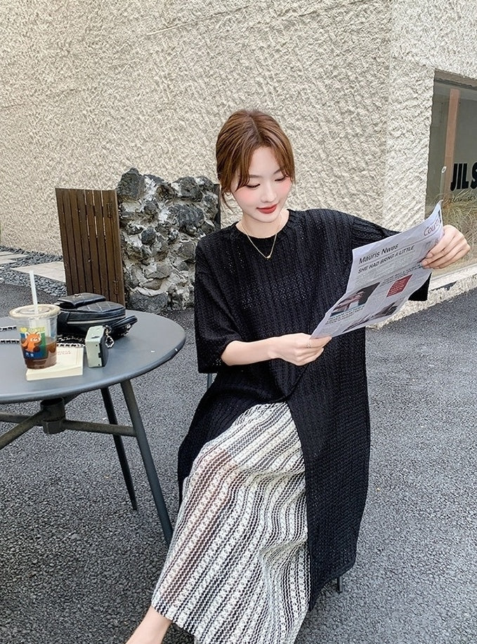 Black Striped Loose Split Cover Up Wide Leg Pants Set