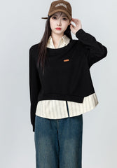 Black Striped Patchwork Polo Sweatshirt Top