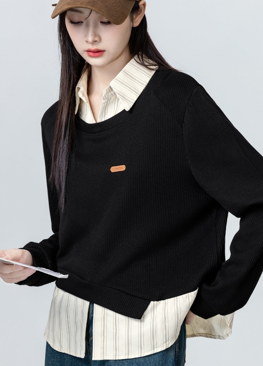 Black Striped Patchwork Polo Sweatshirt Top