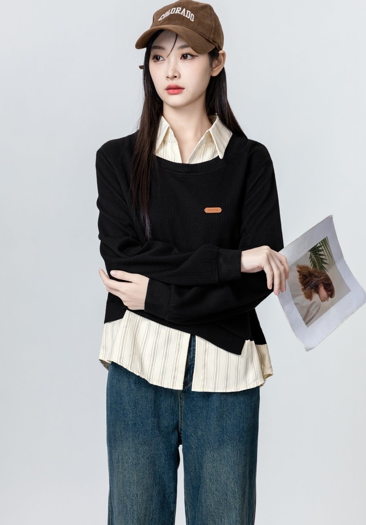 Black Striped Patchwork Polo Sweatshirt Top