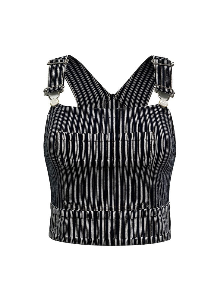 Black Striped Square Neck Cropped Tank Top