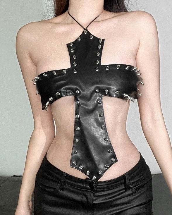 Black Studded Cross Halter Top