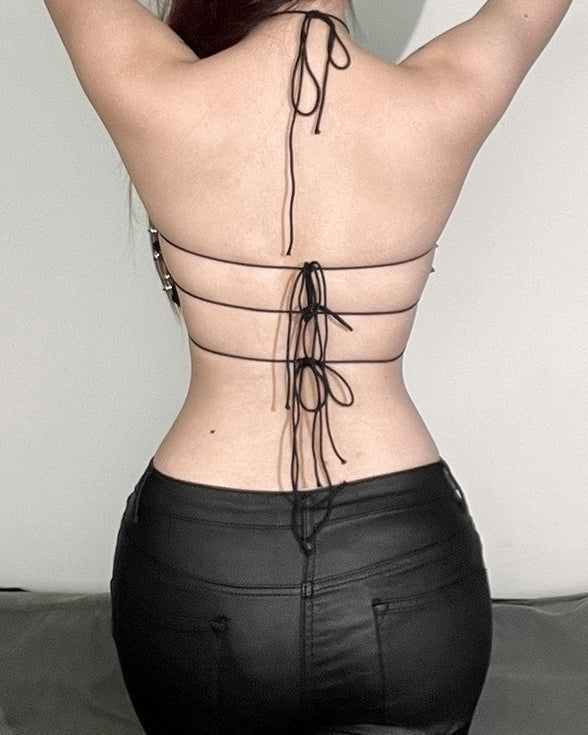 Black Studded Cross Halter Top