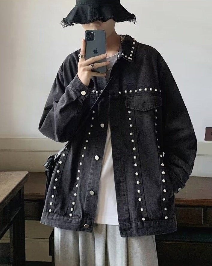 Black Studded Denim Oversized Jacket