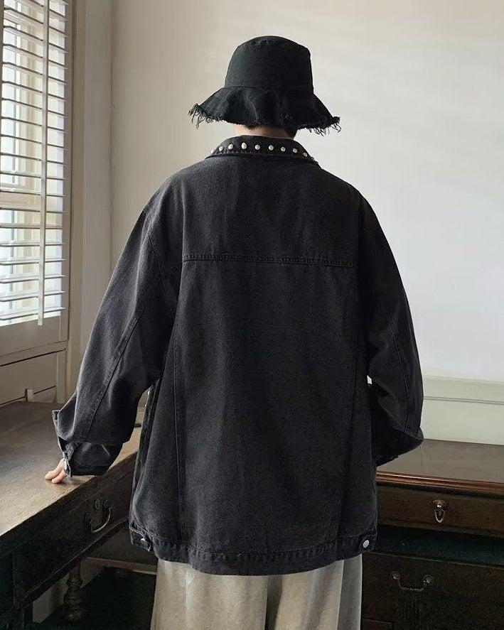 Black Studded Denim Oversized Jacket