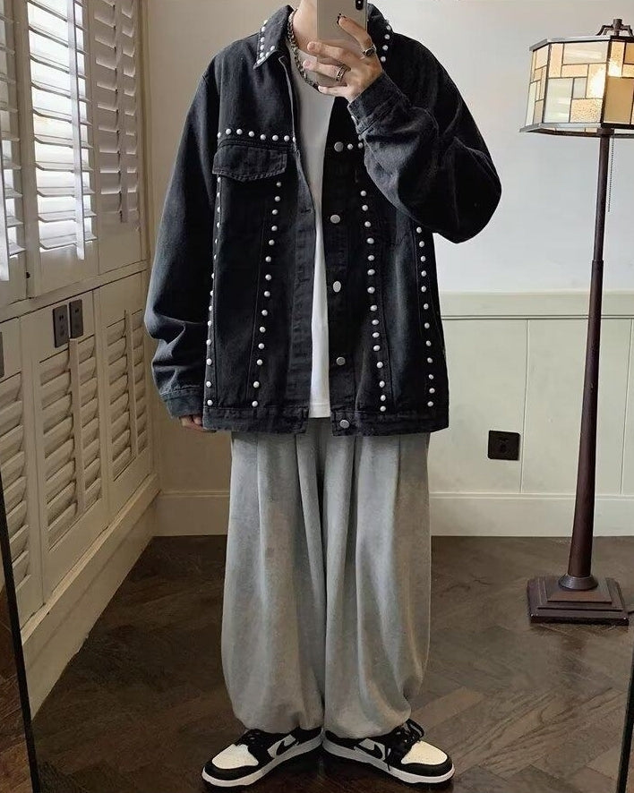 Black Studded Denim Oversized Jacket