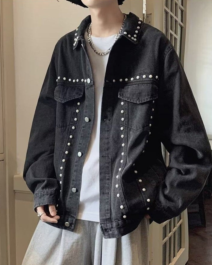 Black Studded Denim Oversized Jacket