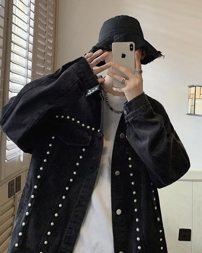 Black Studded Denim Oversized Jacket