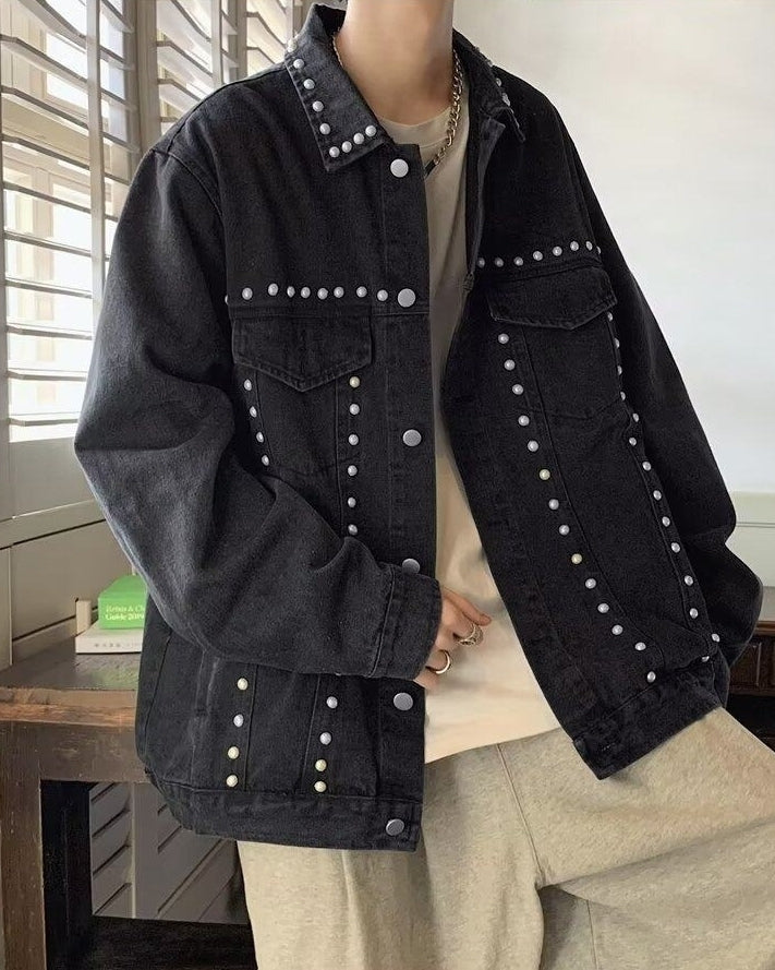 Black Studded Denim Oversized Jacket