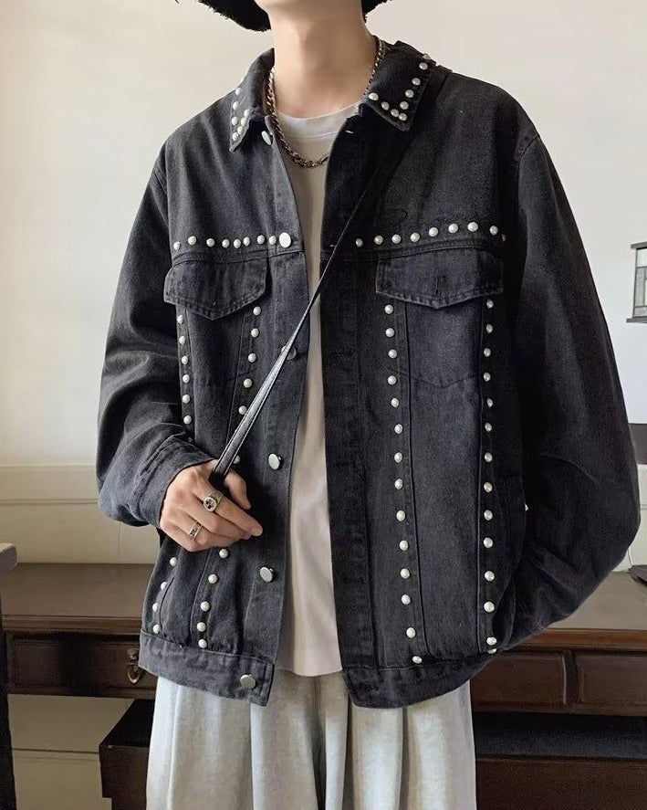 Black Studded Denim Oversized Jacket