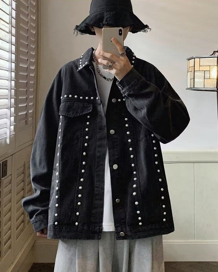 Black Studded Denim Oversized Jacket