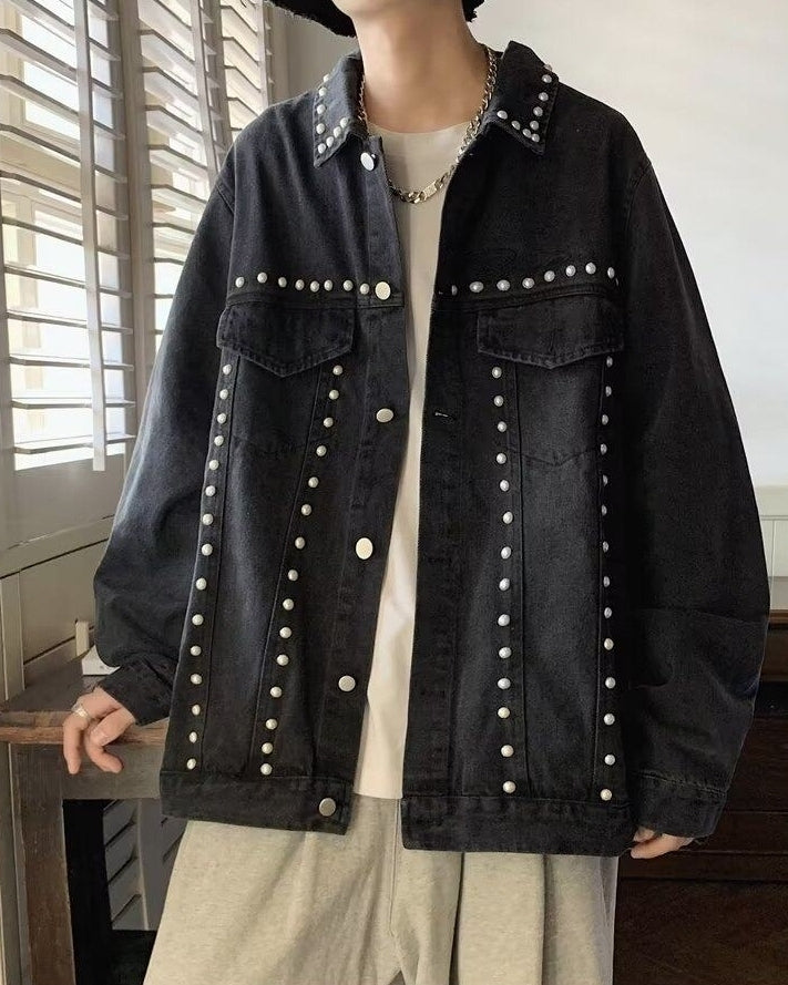 Black Studded Denim Oversized Jacket