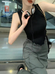 Black Triangle Tassel Edged Ribbed Top
