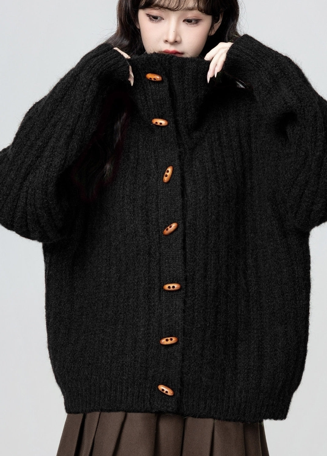 Black Turtleneck Horn Button Loose Knit Cardigan Jacket