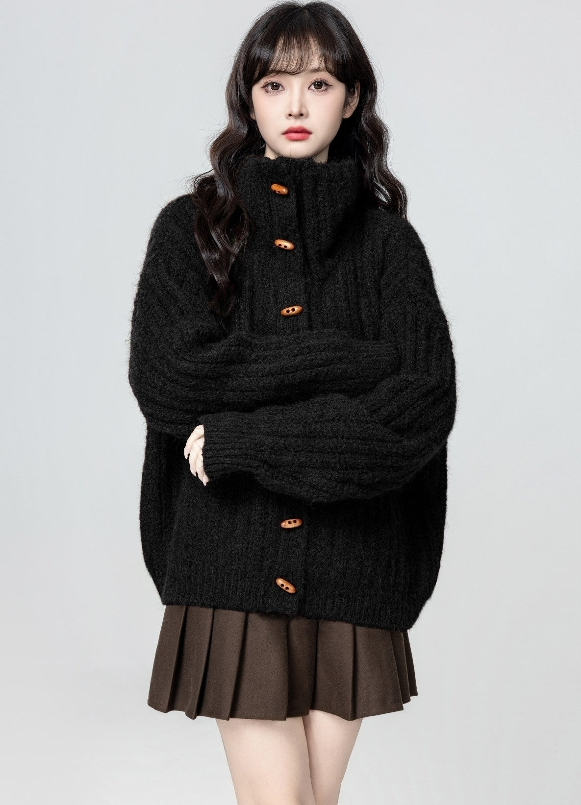 Black Turtleneck Horn Button Loose Knit Cardigan Jacket