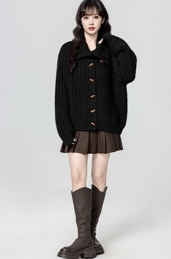 Black Turtleneck Horn Button Loose Knit Cardigan Jacket