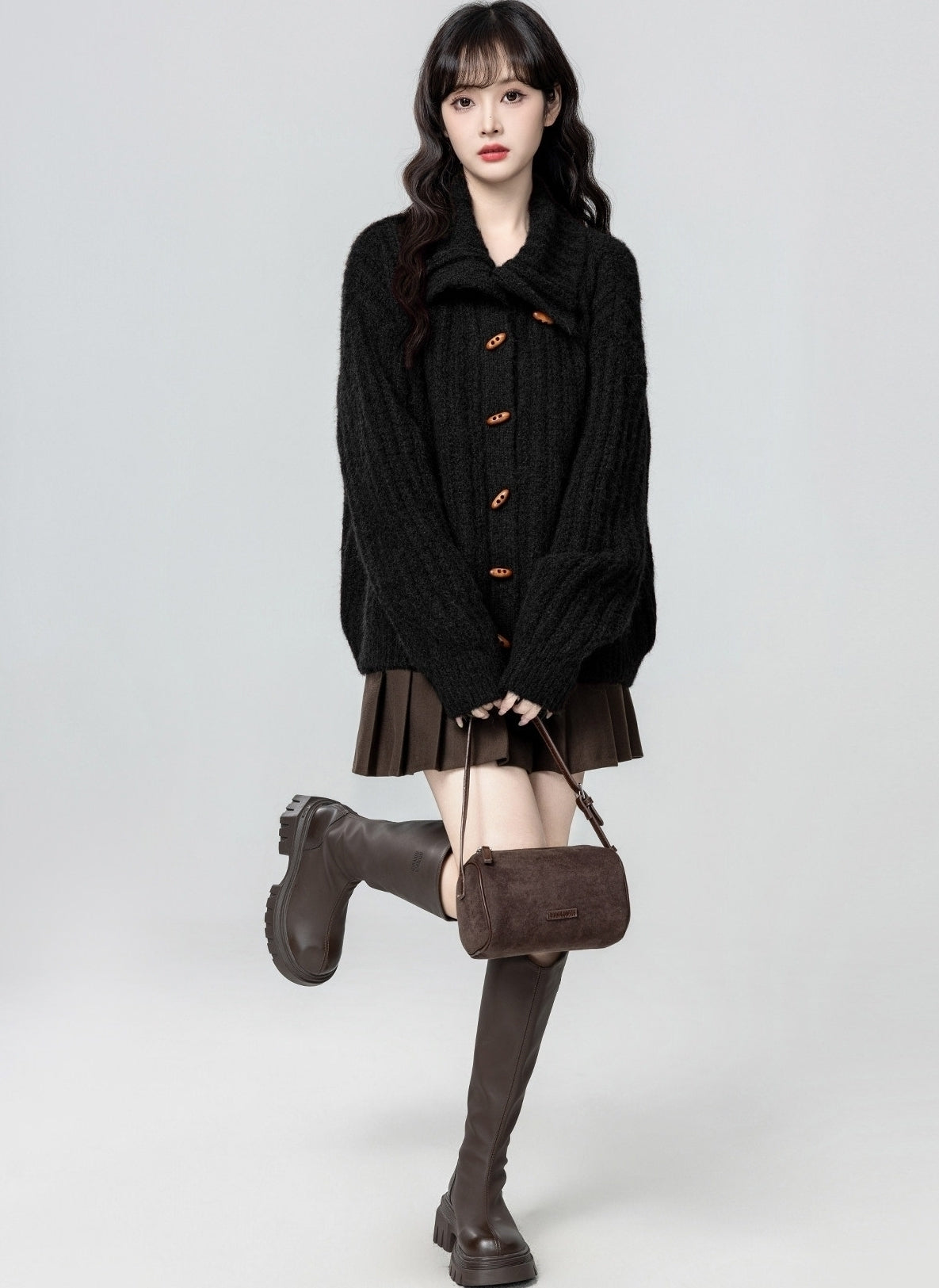 Black Turtleneck Horn Button Loose Knit Cardigan Jacket