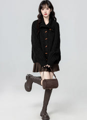 Black Turtleneck Horn Button Loose Knit Cardigan Jacket