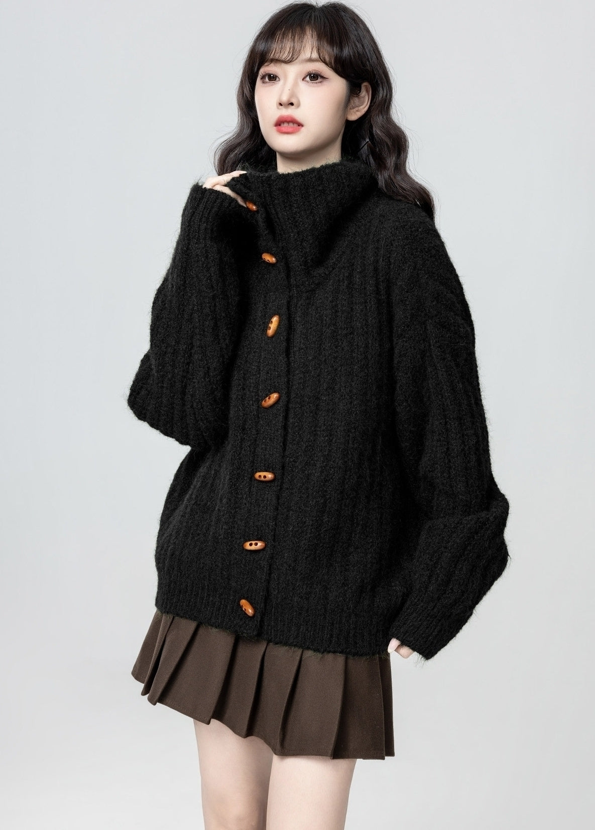 Black Turtleneck Horn Button Loose Knit Cardigan Jacket