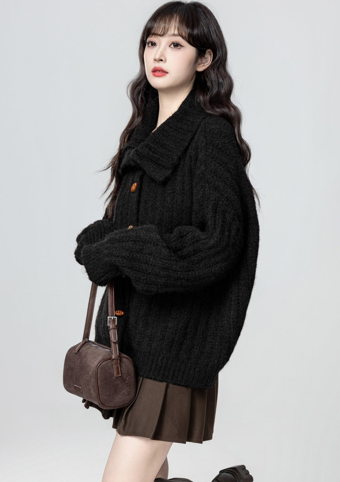 Black Turtleneck Horn Button Loose Knit Cardigan Jacket
