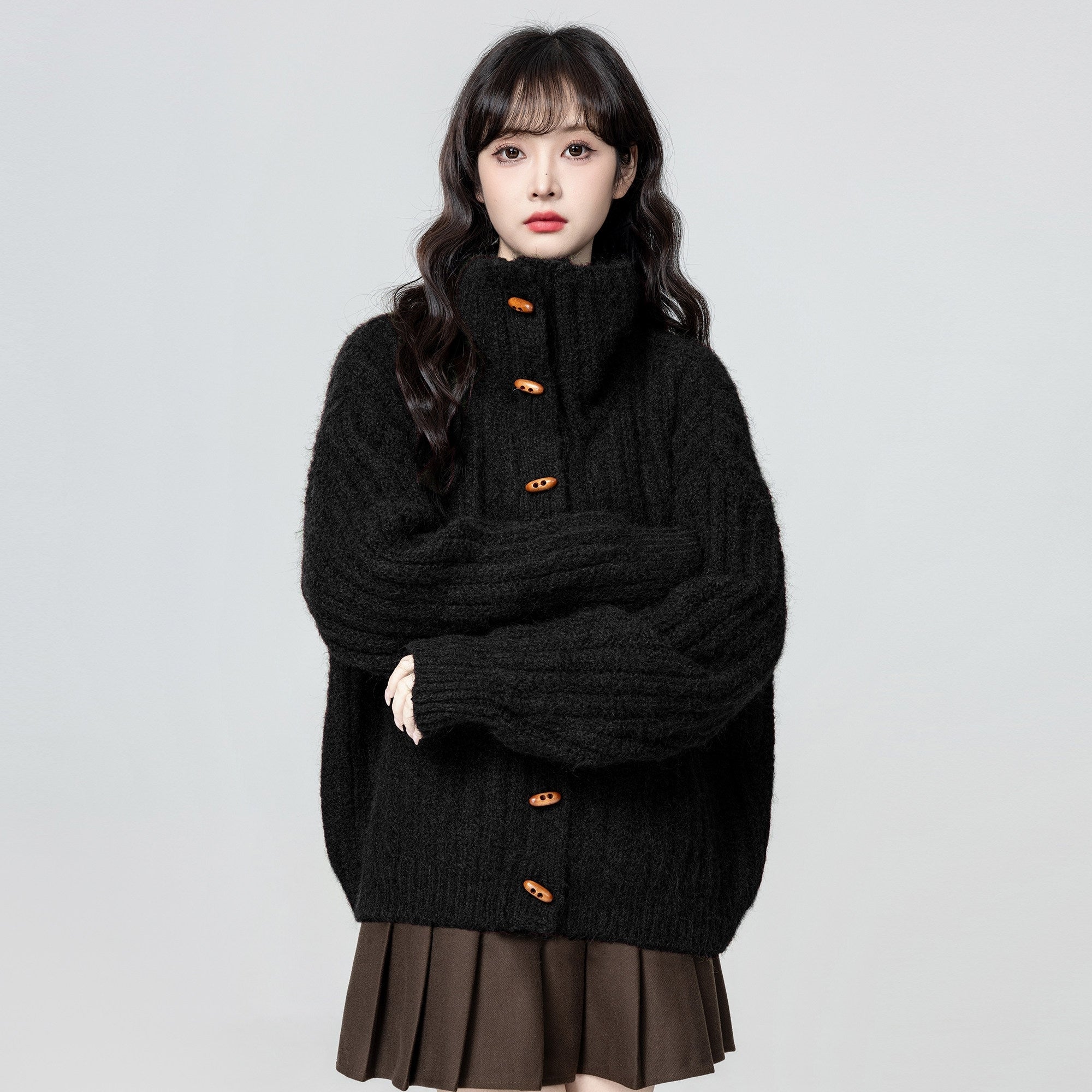 Black Turtleneck Horn Button Loose Knit Cardigan Jacket