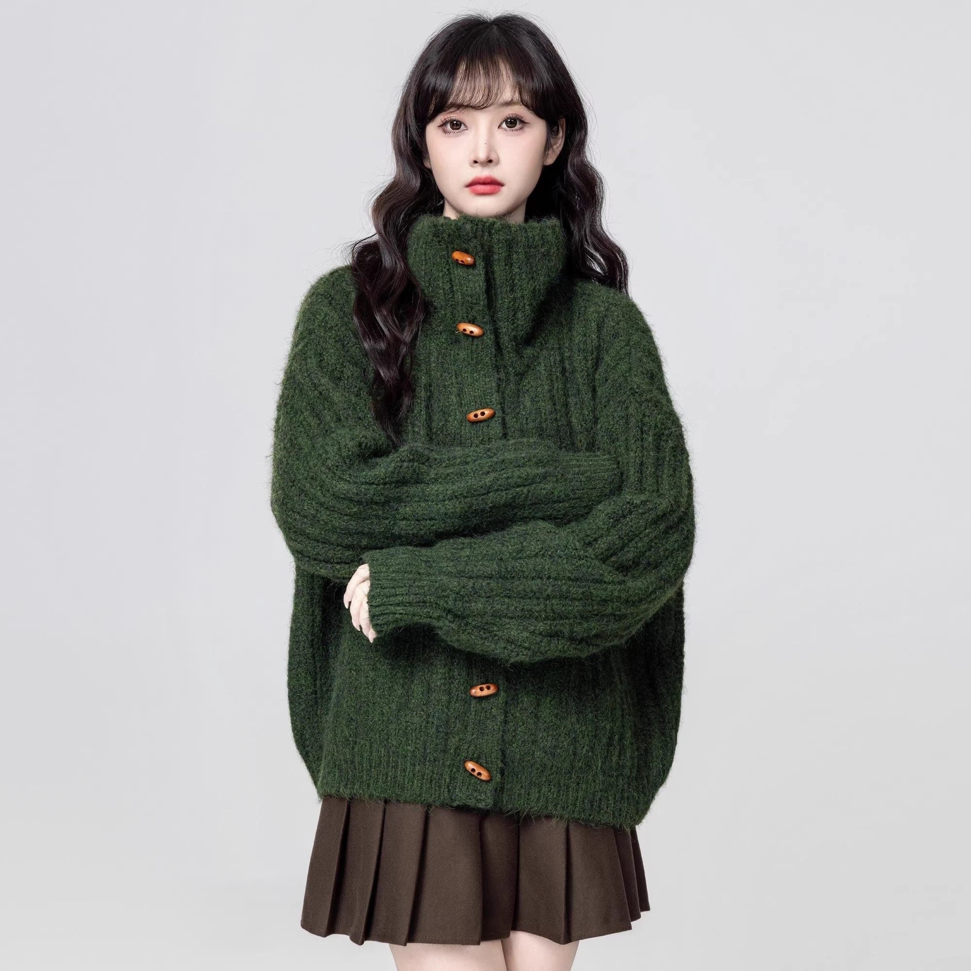 Black Turtleneck Horn Button Loose Knit Cardigan Jacket