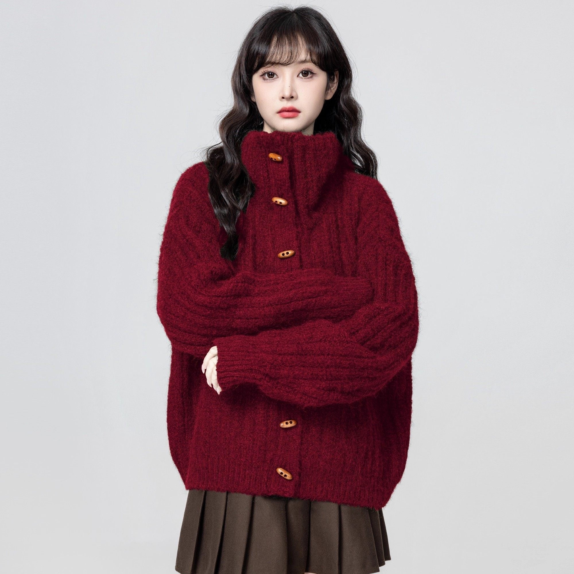 Black Turtleneck Horn Button Loose Knit Cardigan Jacket