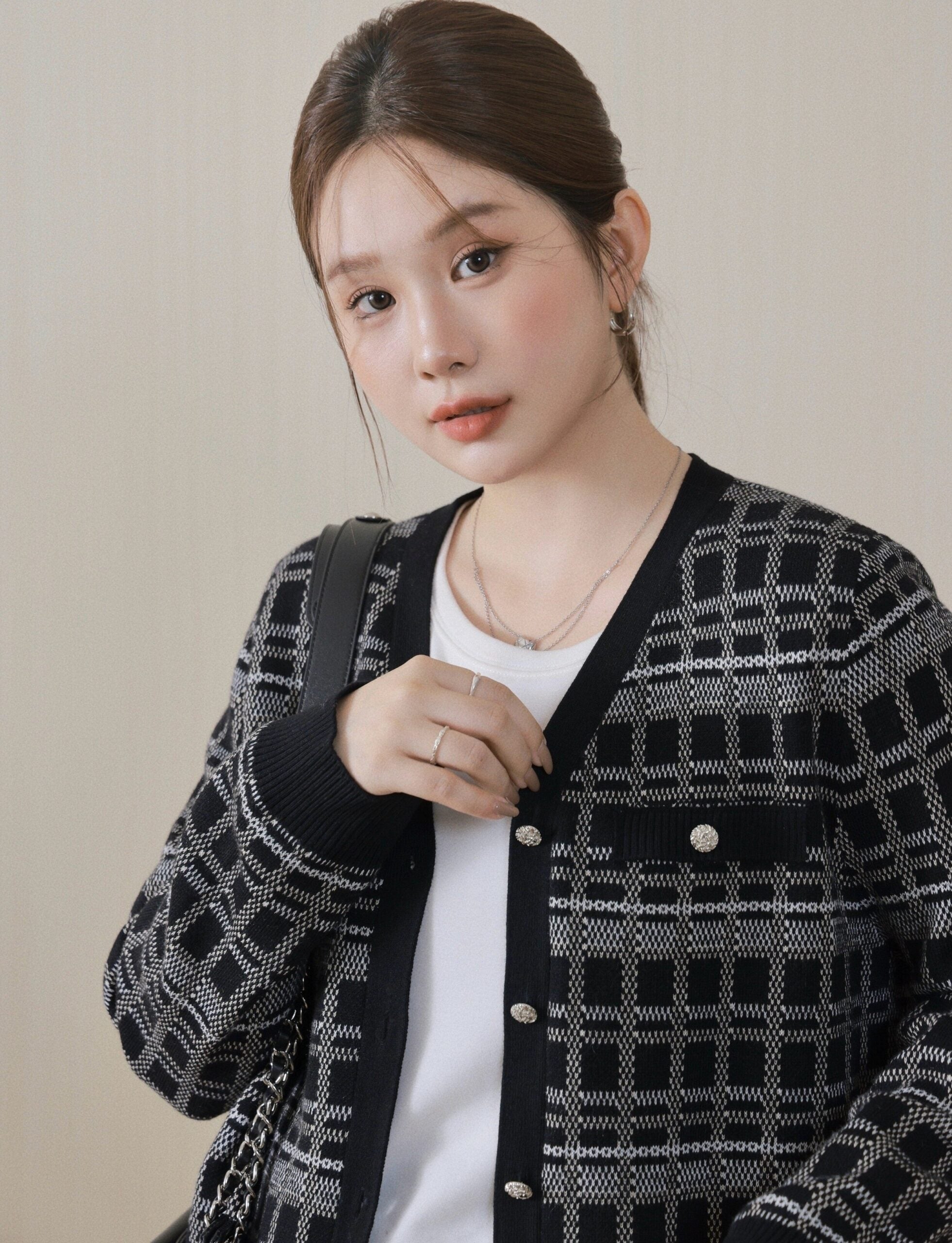 Black Tweed Vintage Plaid Knit Cardigan