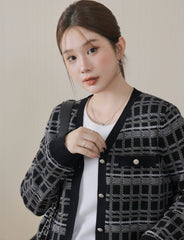 Black Tweed Vintage Plaid Knit Cardigan