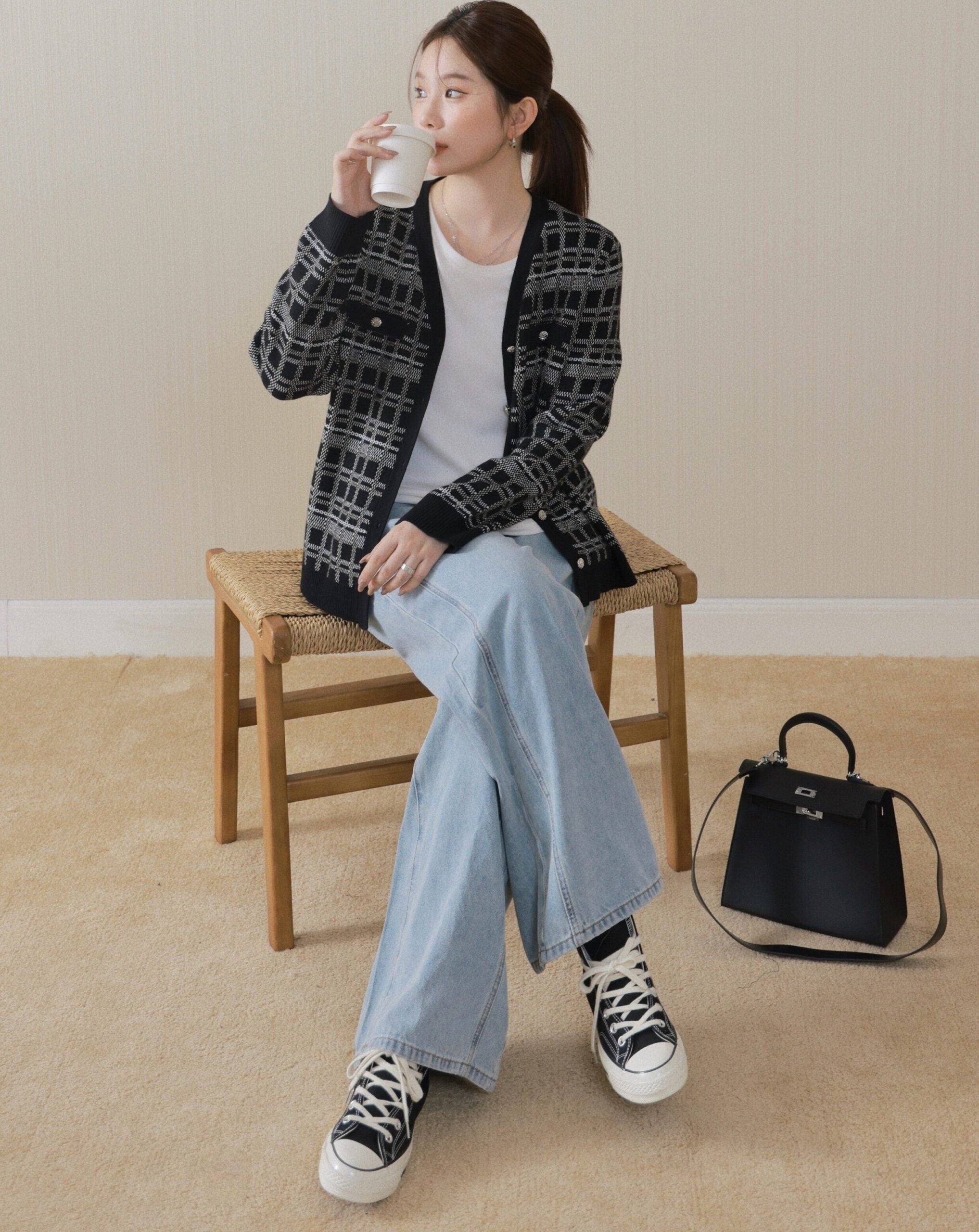 Black Tweed Vintage Plaid Knit Cardigan