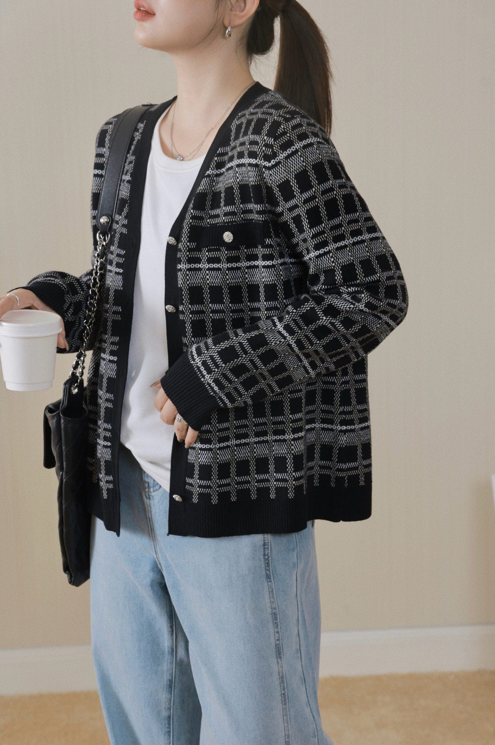 Black Tweed Vintage Plaid Knit Cardigan