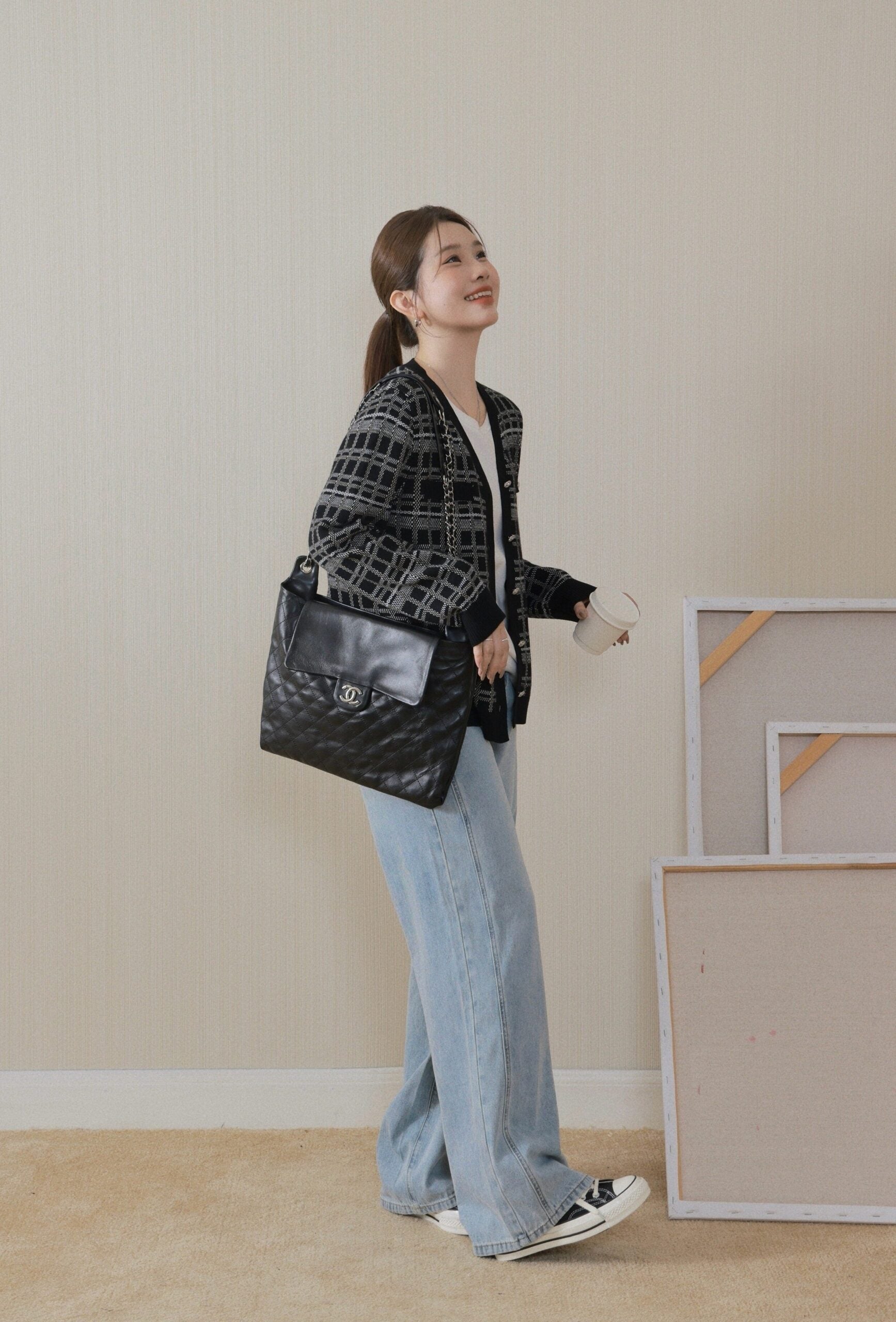 Black Tweed Vintage Plaid Knit Cardigan