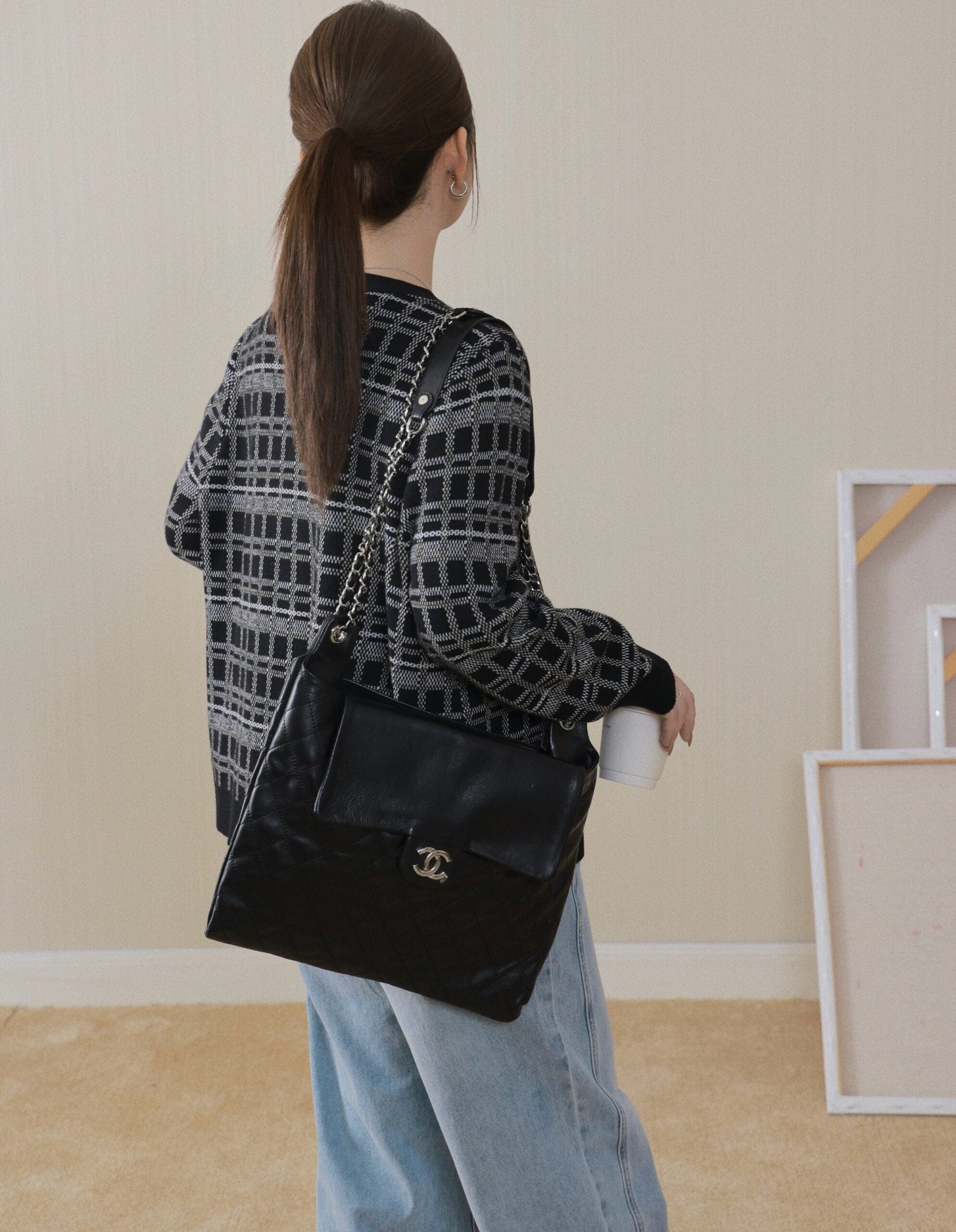 Black Tweed Vintage Plaid Knit Cardigan