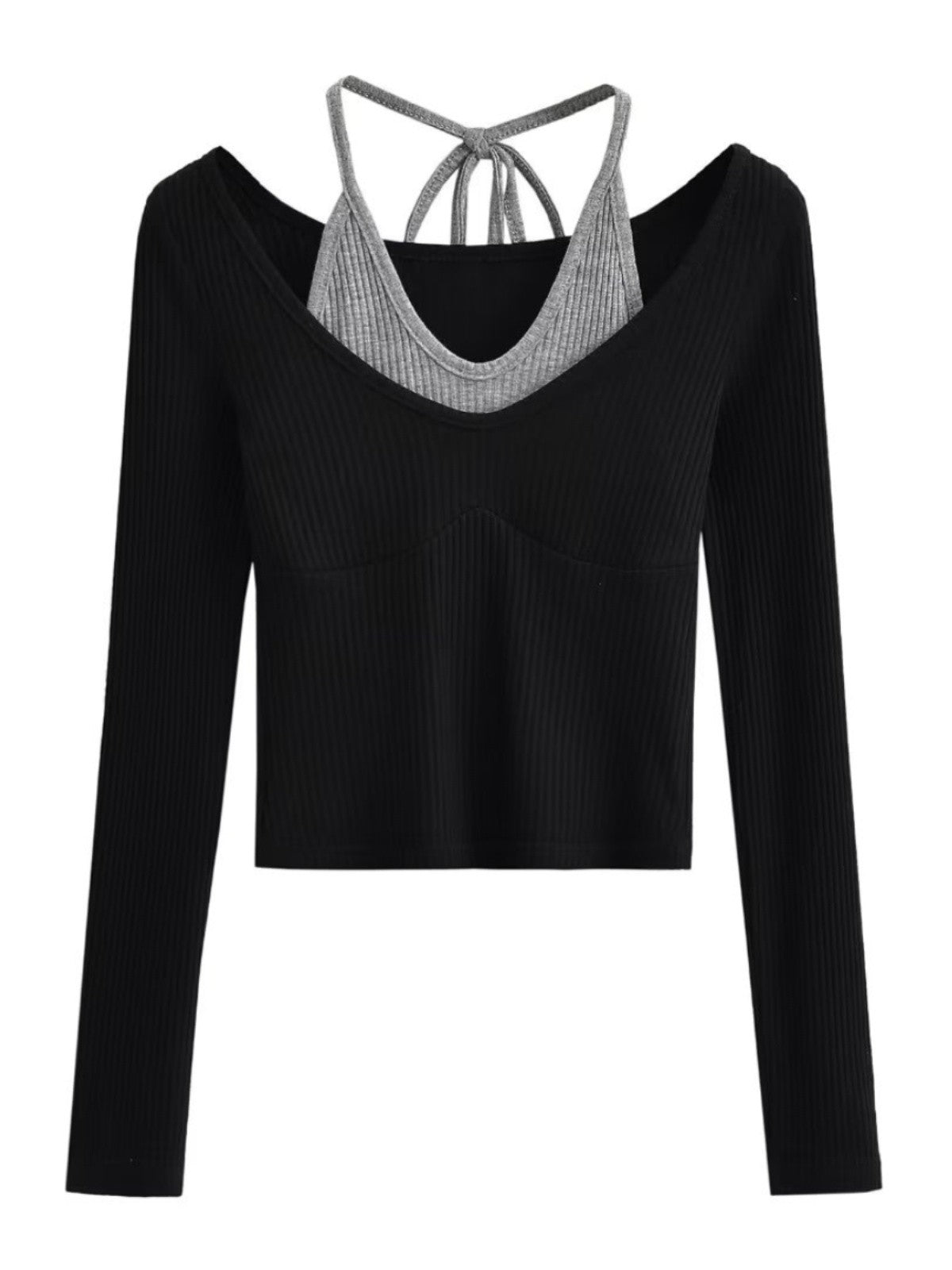 Black Two-Piece Illusion Long Sleeve Top