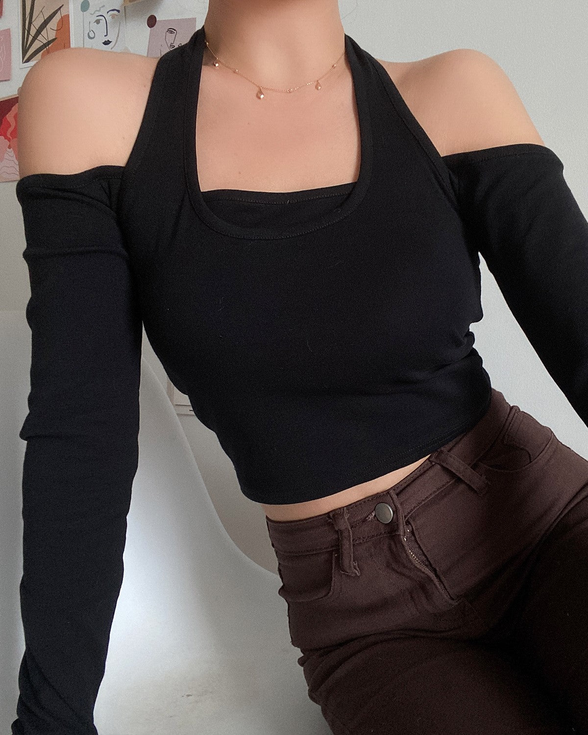 Black Two-Piece Illusion Off Shoulders Top