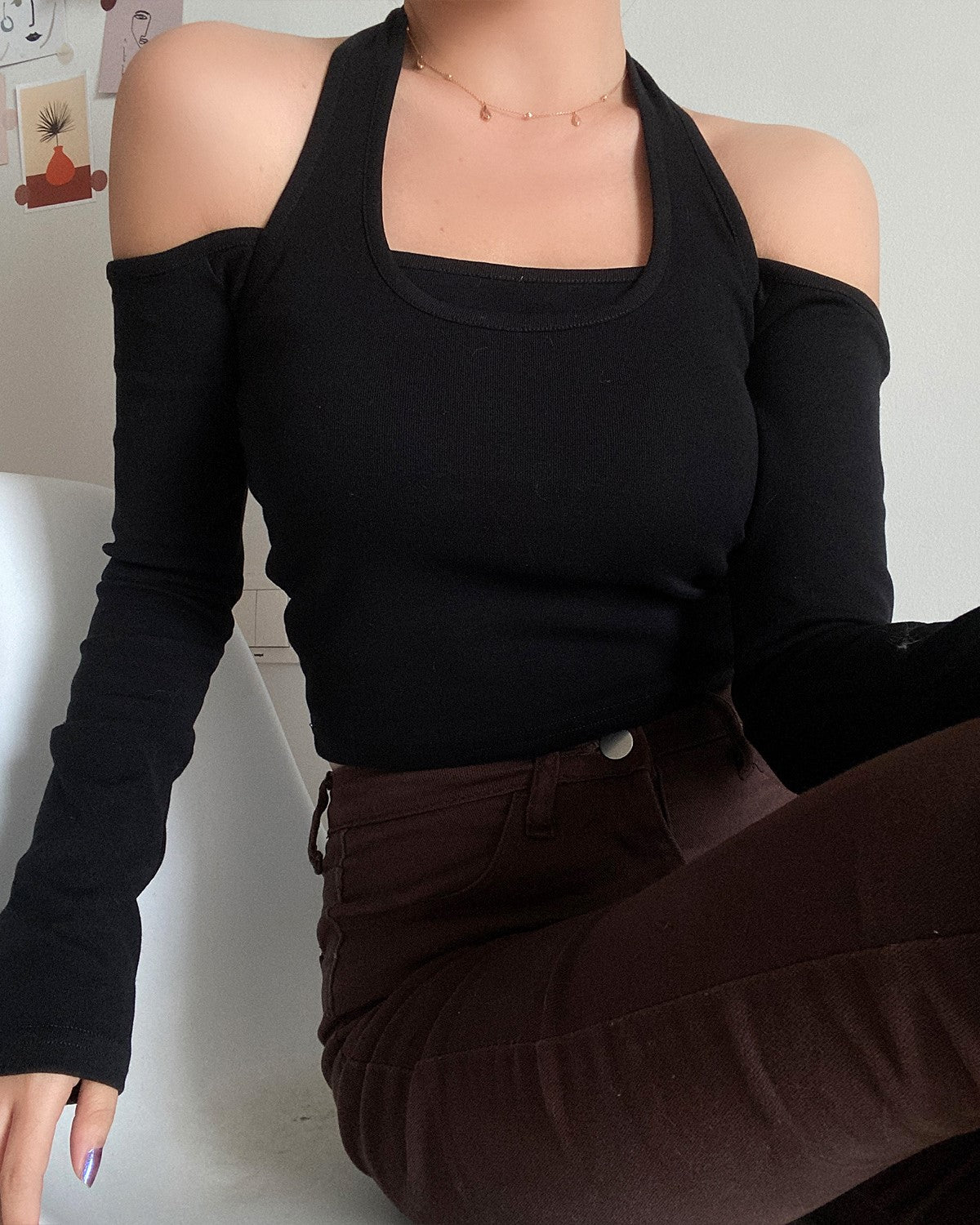 Black Two-Piece Illusion Off Shoulders Top