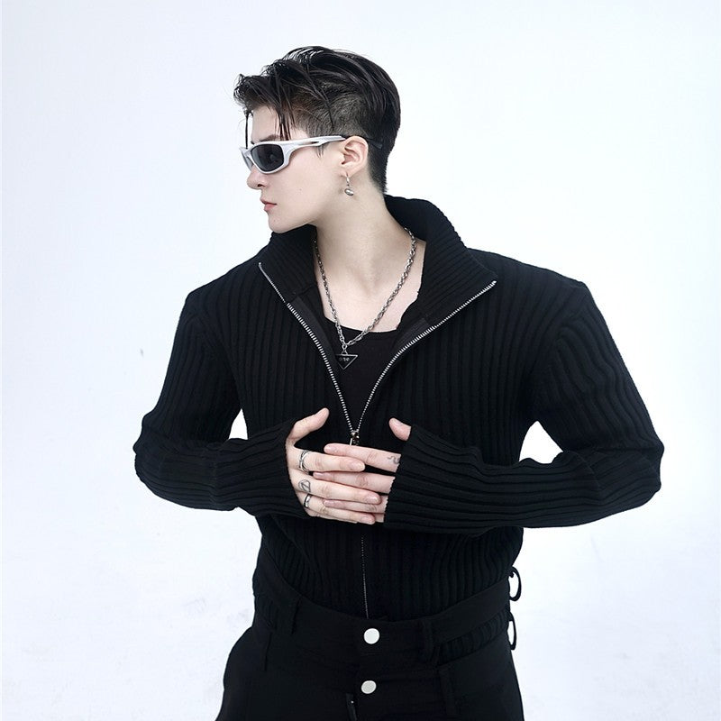 Black Two-Way Zipper Ribbed Sweater