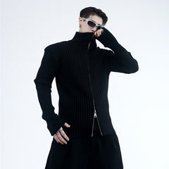 Black Two-Way Zipper Ribbed Sweater