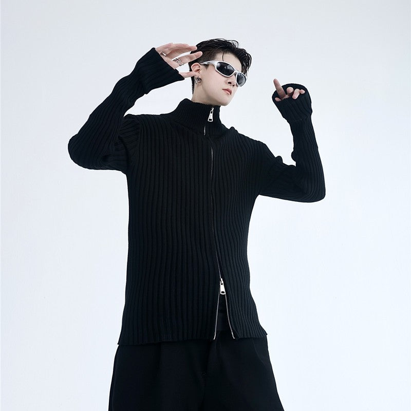 Black Two-Way Zipper Ribbed Sweater