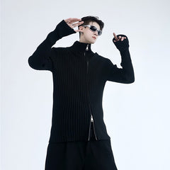 Black Two-Way Zipper Ribbed Sweater