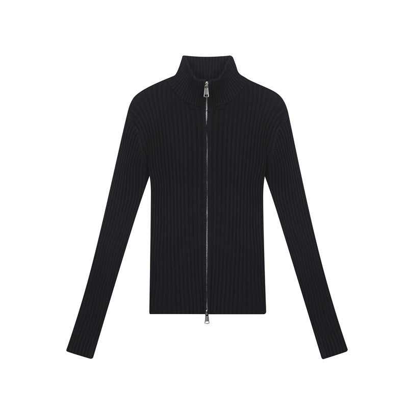 Black Two-Way Zipper Ribbed Sweater