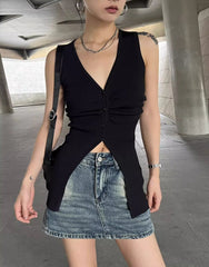 Black V-Neck Buttoned Front Slit Top