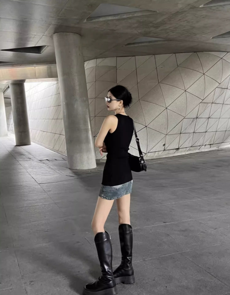 Black V-Neck Buttoned Front Slit Top