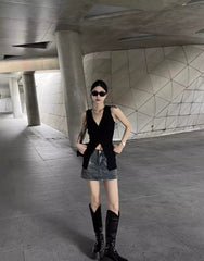 Black V-Neck Buttoned Front Slit Top
