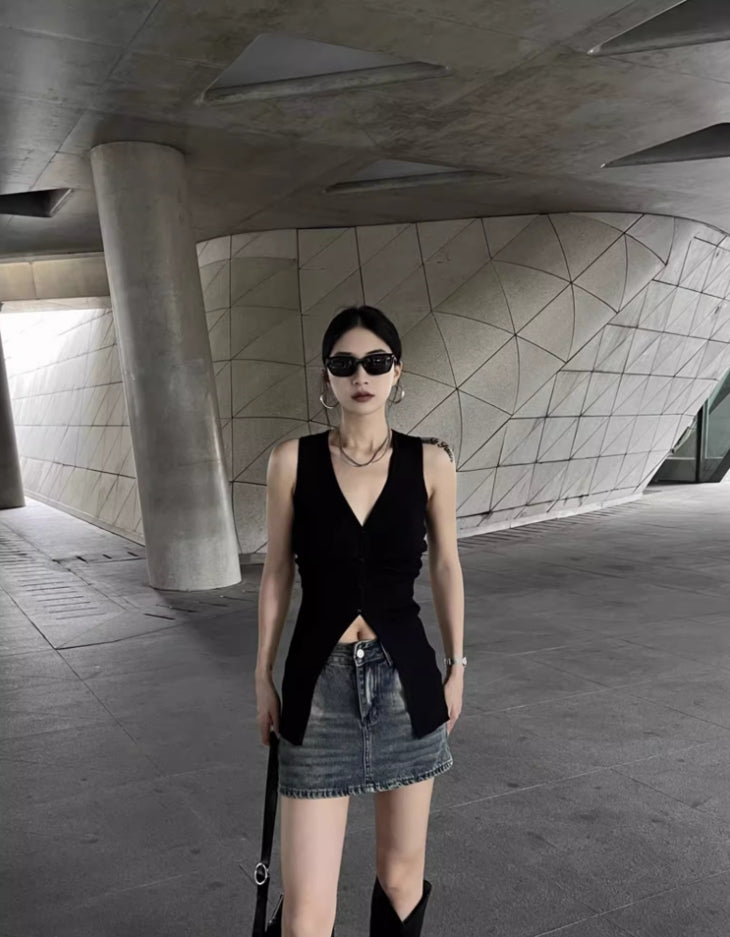Black V-Neck Buttoned Front Slit Top